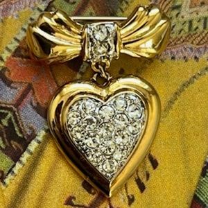 VINTAGE Small Jeweled & Gold Heart & Bow Pin